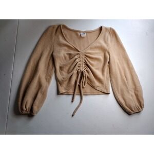 JAB Los Angeles Cinched‎ Drawstring Long Sleeve Top Ribbed Knit V Neck Tan S